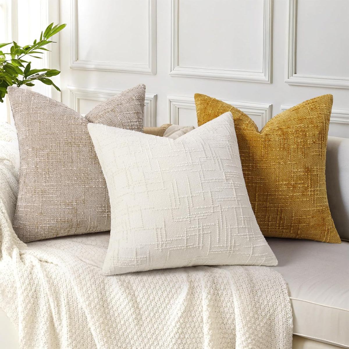 decorUhome Textured Chenille Throw Pillow Covers 18x18 Set of 2 Cream White