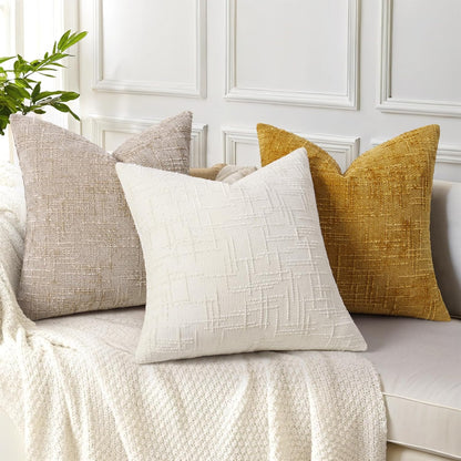 decorUhome Textured Chenille Throw Pillow Covers 18x18 Set of 2 Cream White