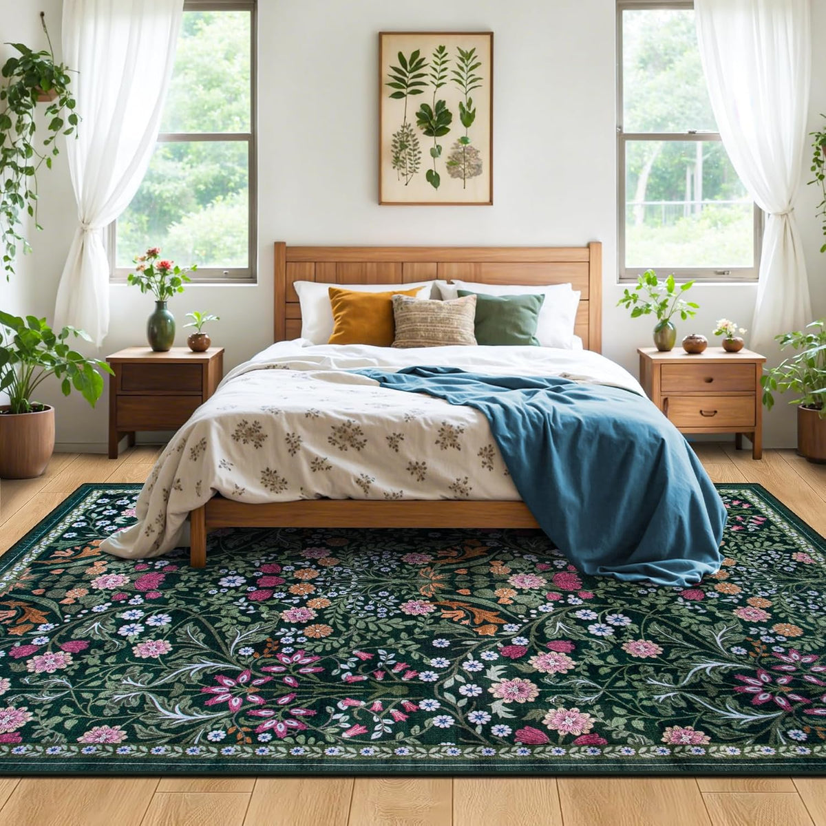 PLHXFR Area Rug Living Room: 5x7 Floral Washable Boho Carpet Dark Green