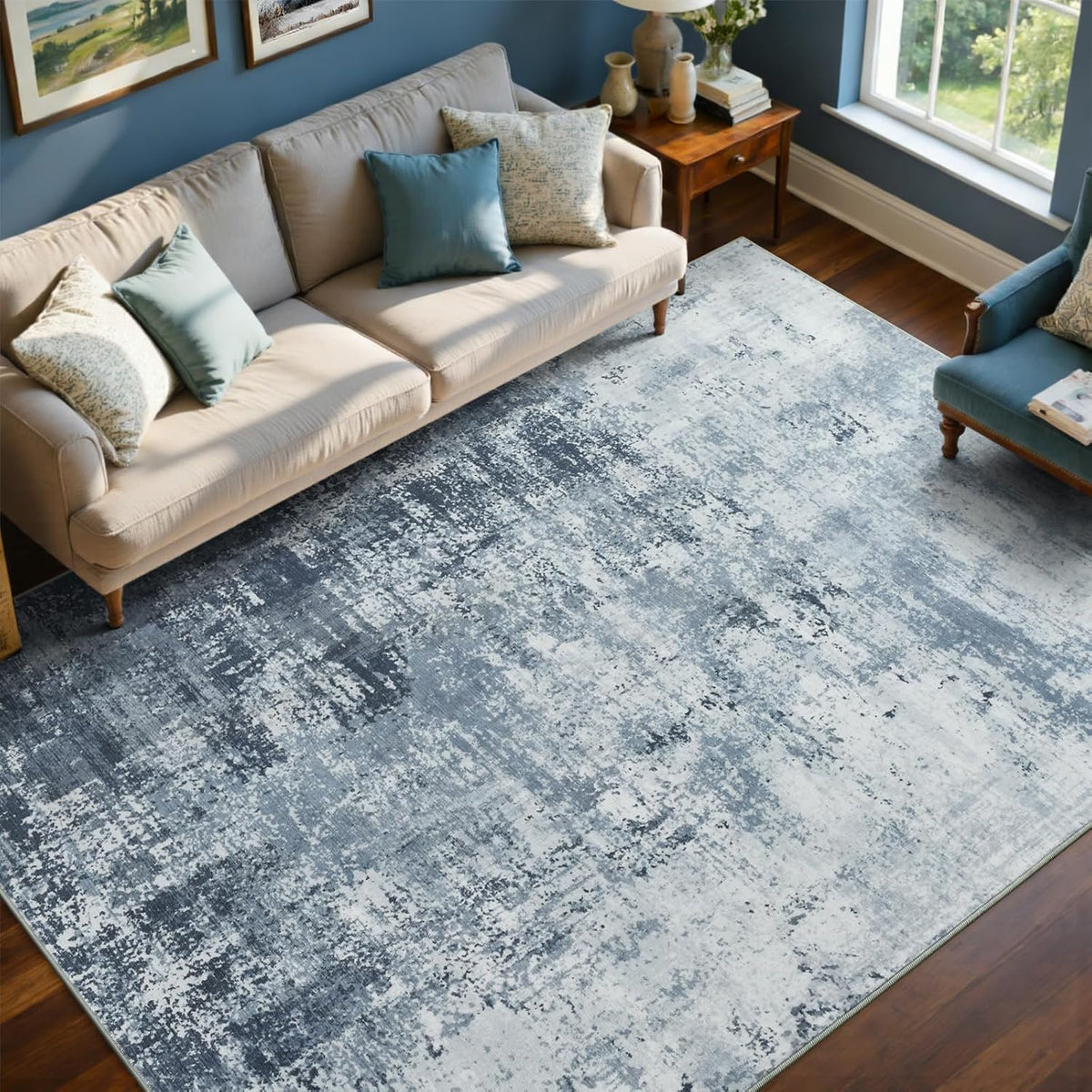 6x9 Ft Abstract Washable Area Rugs for Living Room Blue