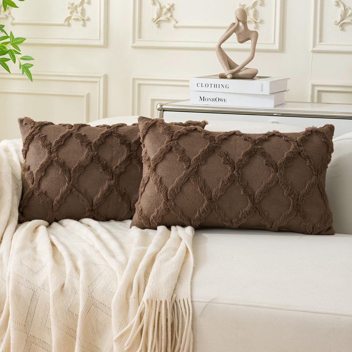 Set of 2 Soft Moroccan Throw Pillow Covers 18x18 Inch Plush Boho Decorative Pillow Cover Accent Cushion Case for Couch Sofa Bed, Beige