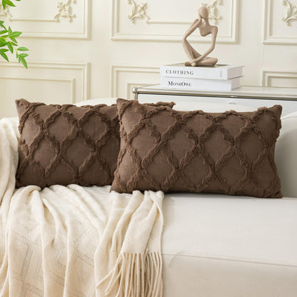 Set of 2 Soft Moroccan Throw Pillow Covers 18x18 Inch Plush Boho Decorative Pillow Cover Accent Cushion Case for Couch Sofa Bed, Beige