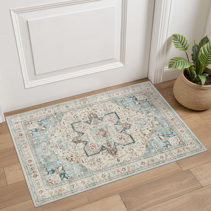 Tortania Area Rug 5x7 Living Room Rug Washable Soft Cream/Blue