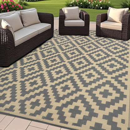 SAND MINE Waterproof Outdoor Rug 5x8 ft, Plastic Reversible Rug, Modern Area Rug, Large Floor Mat for Outdoors, RV, Patio, Backyard, Deck, Picnic, Beach, Camping, Black & Beige
