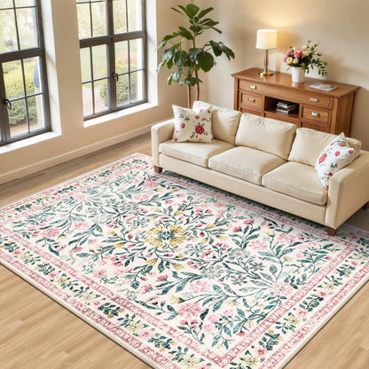 PLHXFR Area Rug Living Room: 5x7 Floral Washable Boho Carpet Dark Green