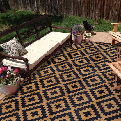 SAND MINE Waterproof Outdoor Rug 5x8 ft, Plastic Reversible Rug, Modern Area Rug, Large Floor Mat for Outdoors, RV, Patio, Backyard, Deck, Picnic, Beach, Camping, Black & Beige