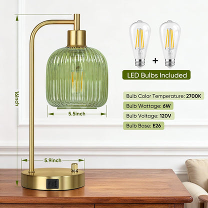 Green Glass Table Lamps Set of 2, Dimmable Bedside Lamps for Living Room