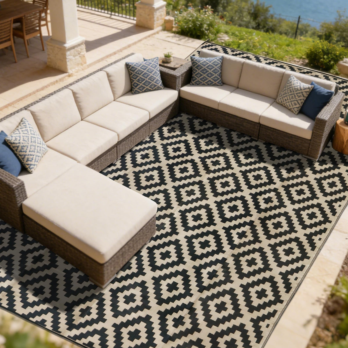 SAND MINE Waterproof Outdoor Rug 5x8 ft, Plastic Reversible Rug, Modern Area Rug, Large Floor Mat for Outdoors, RV, Patio, Backyard, Deck, Picnic, Beach, Camping, Black & Beige