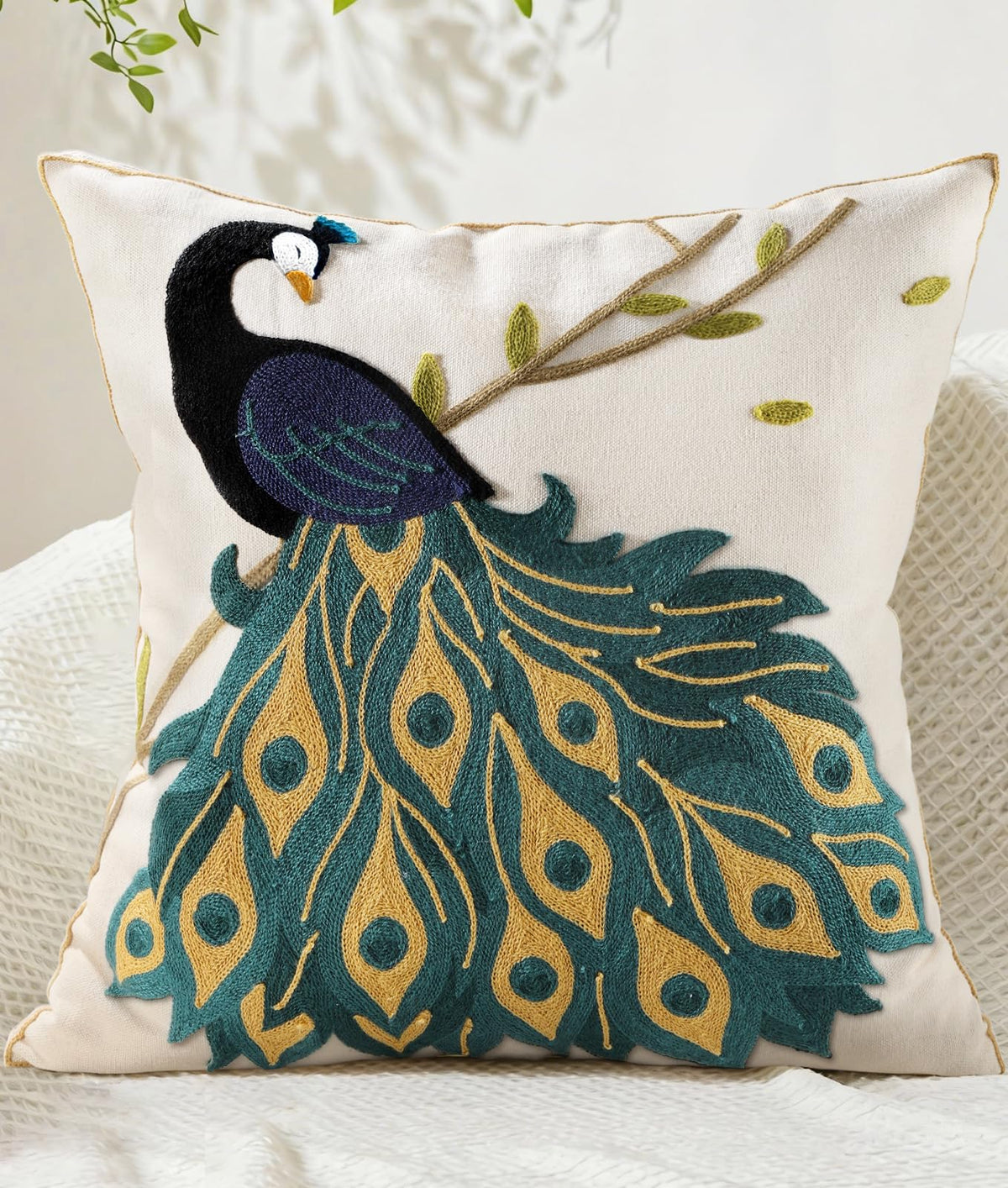 Animal Embroidered Throw Pillow Cover 18x18 Inch, Floral Birds