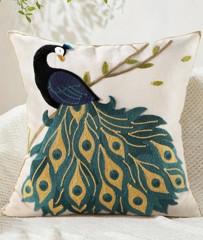 Animal Embroidered Throw Pillow Cover 18x18 Inch, Floral Birds