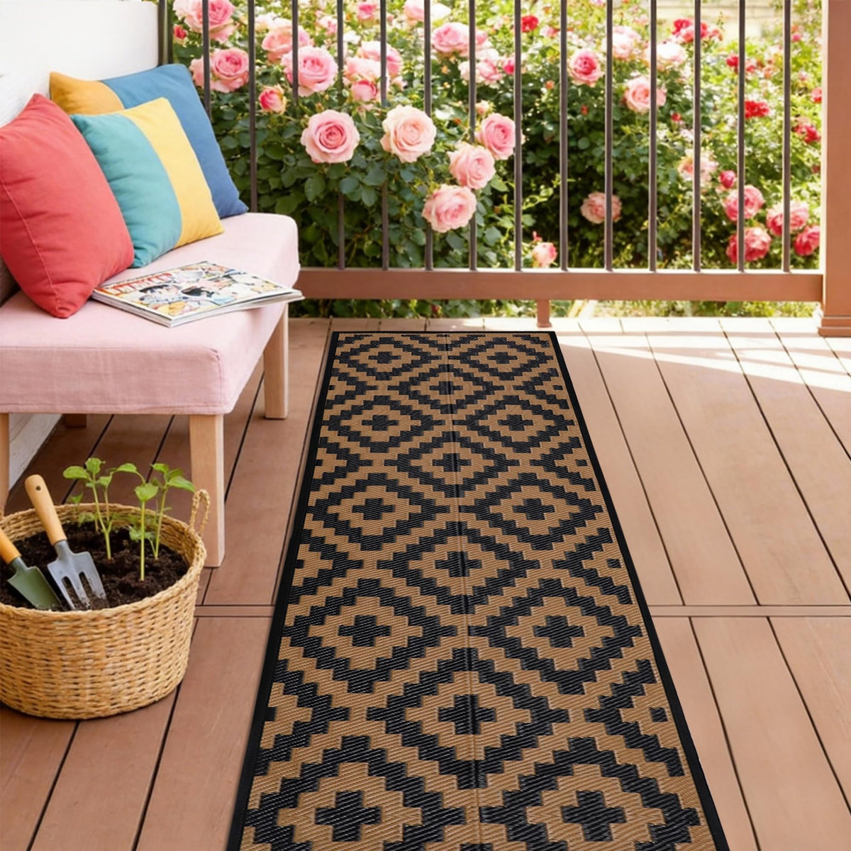 SAND MINE Waterproof Outdoor Rug 5x8 ft, Plastic Reversible Rug, Modern Area Rug, Large Floor Mat for Outdoors, RV, Patio, Backyard, Deck, Picnic, Beach, Camping, Black & Beige