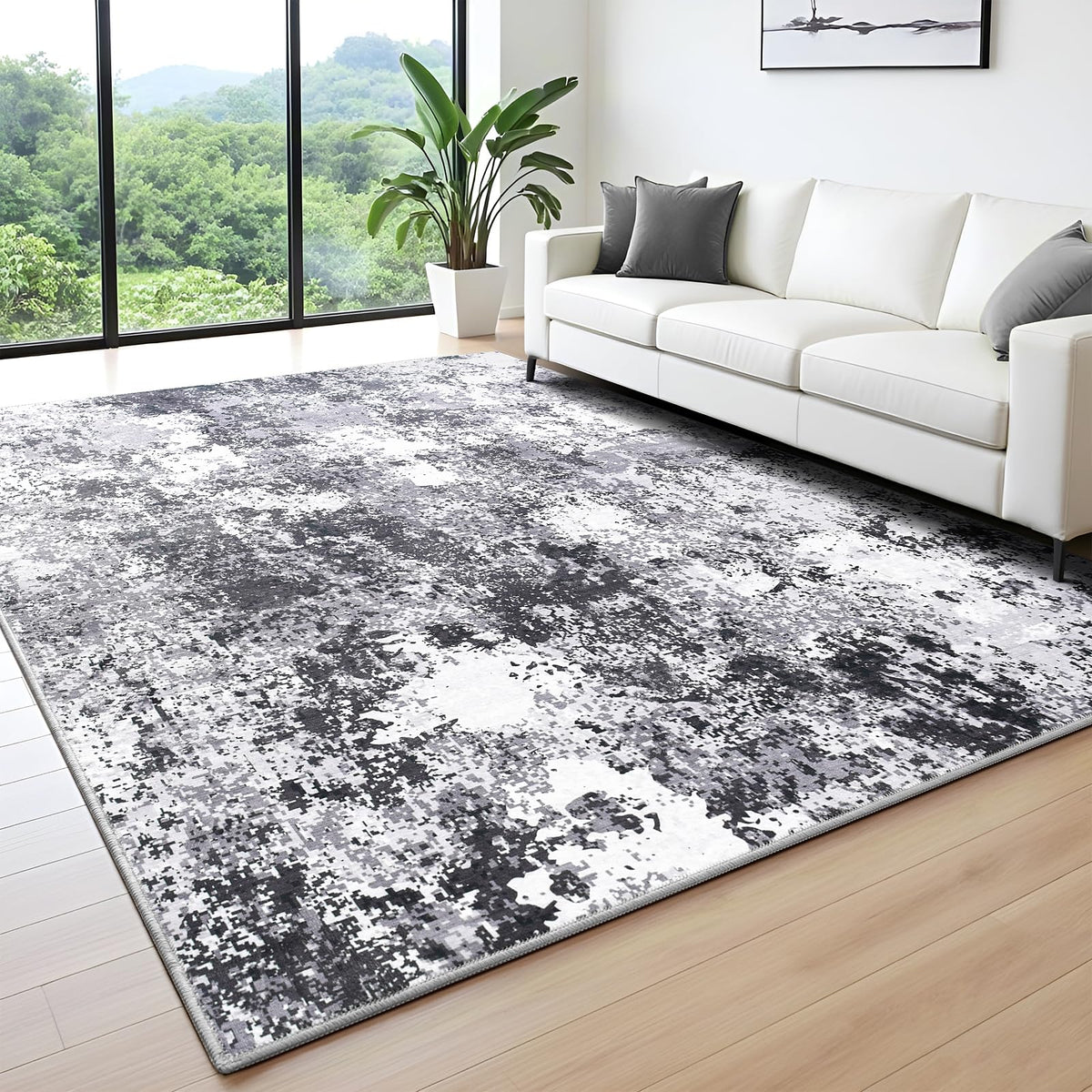 Modern Abstract 3x5 Rug, Non Slip Entryway Rug, Soft Machine Washable Rugs for Indoor Entry, Low Pile Stain Resistant Distressed Rug for Living Room, Bedroom, Dark Grey Blue