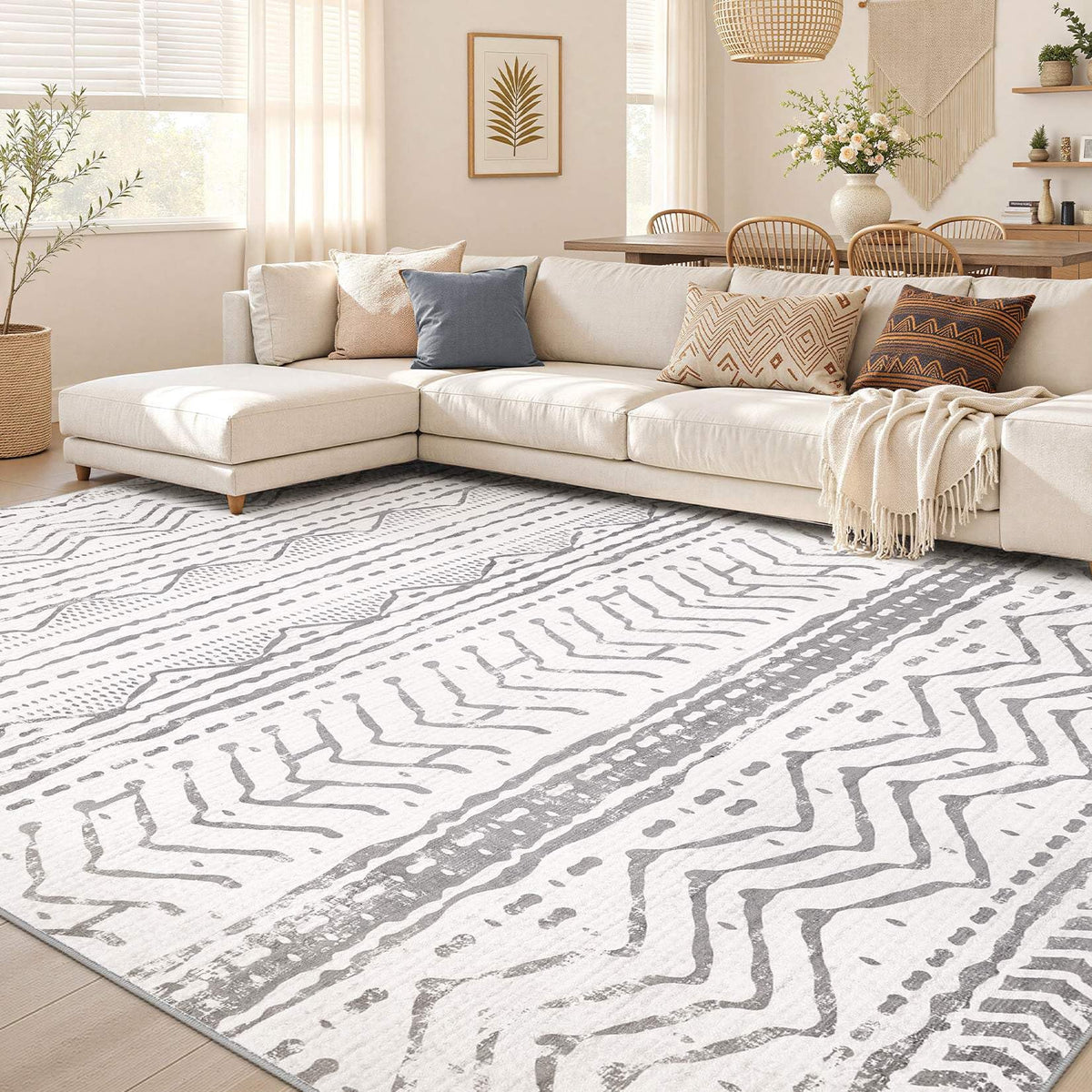 Nakagishi Boho 5x7 Area Rug Living Room Rugs Machine Washable Beige/Brown