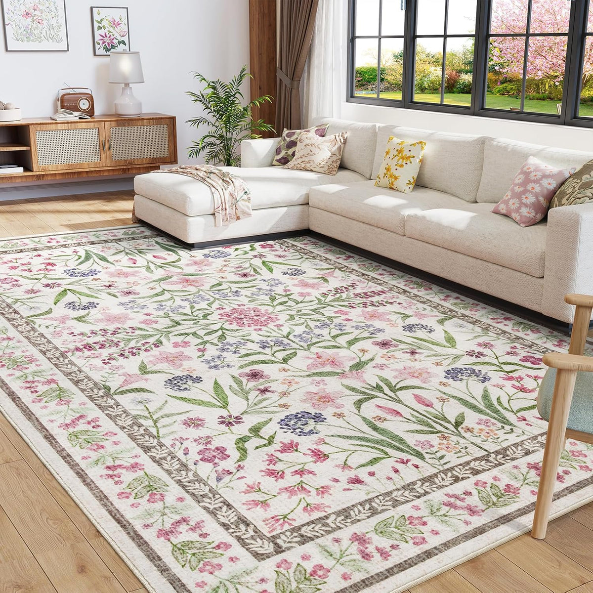 Amearea 6x9 Pink Rugs for Bedroom Girls, Floral Area Rugs for Living Room