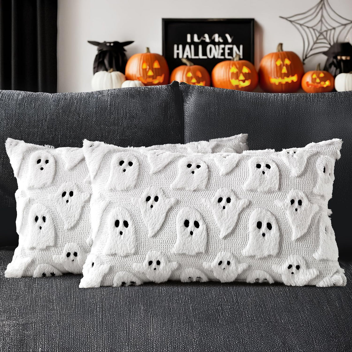 MIULEE White Halloween Pillow Covers Cute Ghost Decor Set of 2 18x18