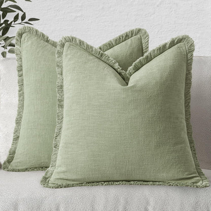 MIULEE Linen Fringe Decorative Throw Pillow Covers Natural Beige 20x20