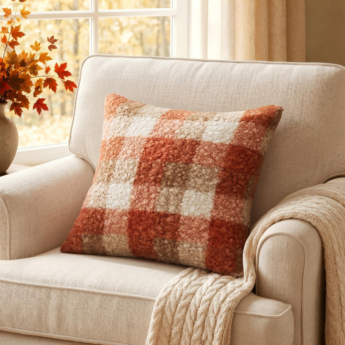 MIULEE Fall Plaid Pillow Covers Boucle Orange 18x18 Set of 2