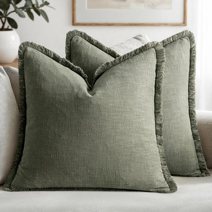 MIULEE Linen Fringe Decorative Throw Pillow Covers Natural Beige 20x20