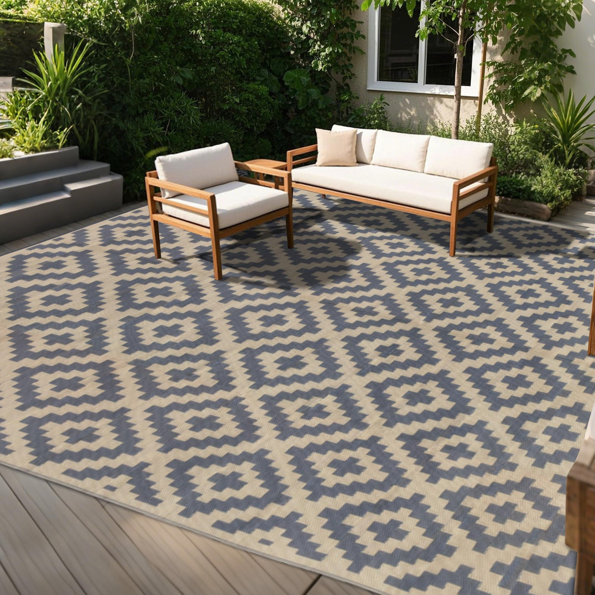 SAND MINE Waterproof Outdoor Rug 5x8 ft, Plastic Reversible Rug, Modern Area Rug, Large Floor Mat for Outdoors, RV, Patio, Backyard, Deck, Picnic, Beach, Camping, Black & Beige