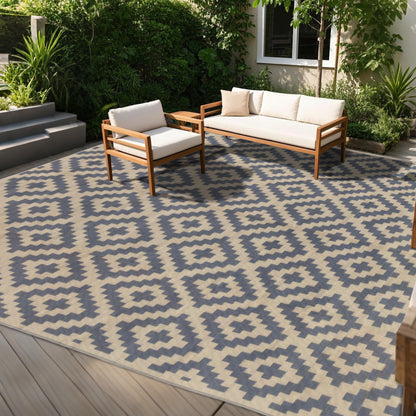SAND MINE Waterproof Outdoor Rug 5x8 ft, Plastic Reversible Rug, Modern Area Rug, Large Floor Mat for Outdoors, RV, Patio, Backyard, Deck, Picnic, Beach, Camping, Black & Beige