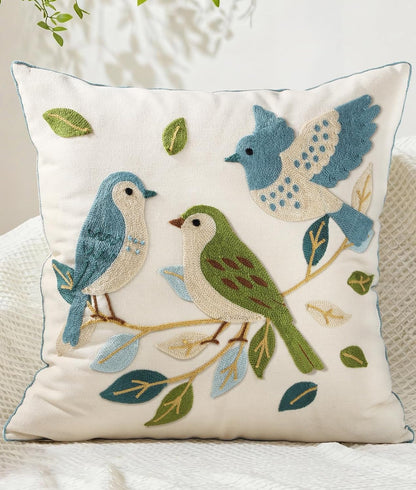 Animal Embroidered Throw Pillow Cover 18x18 Inch, Floral Birds