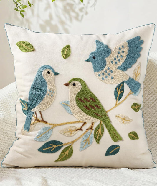 Animal Embroidered Throw Pillow Cover 18x18 Inch, Floral Birds