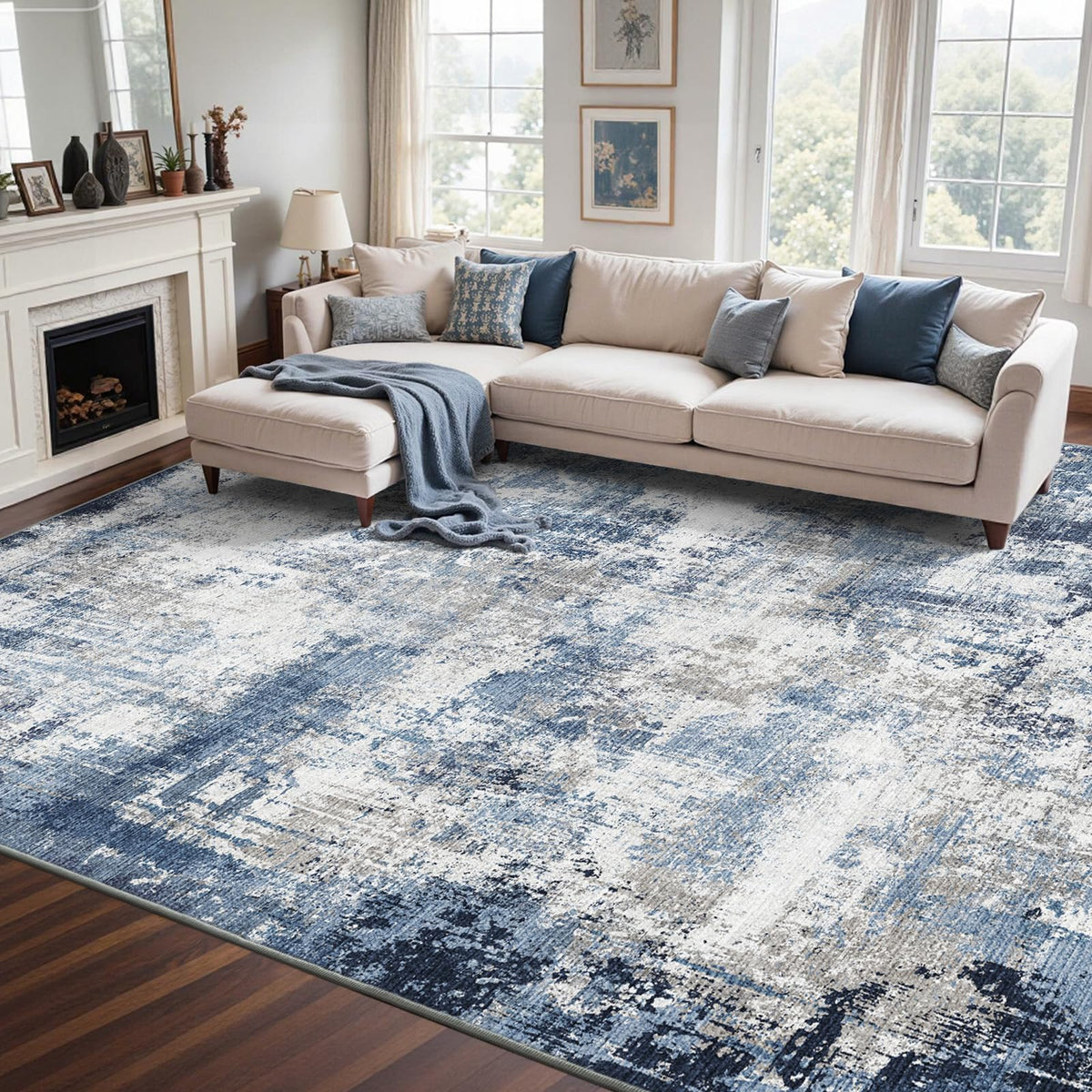 6x9 Ft Abstract Washable Area Rugs for Living Room Blue