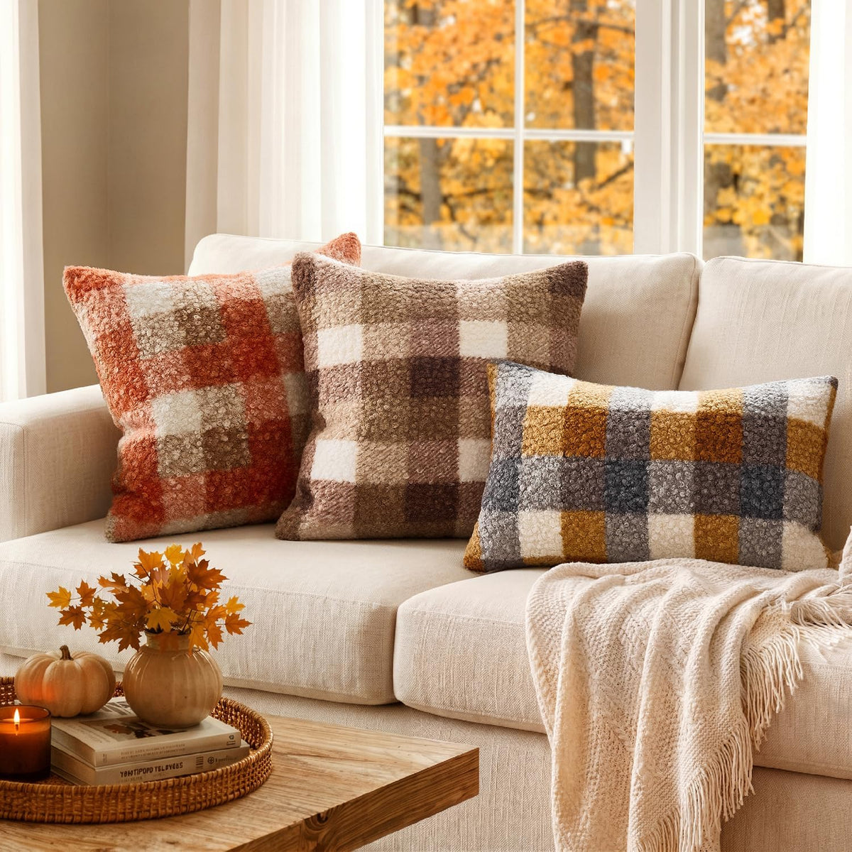 MIULEE Fall Plaid Pillow Covers Boucle Orange 18x18 Set of 2