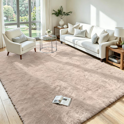 8x10 Fluffy Area Rug for Living Room: Non-Slip Grey Camel Bedroom Carpet