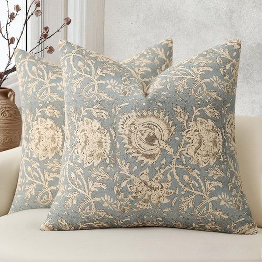 Vintage Floral Print Throw Pillow Covers 18x18 Set of 2 Neutral Modern Farmhouse Pillowcases Accent Decorative Cushion Covers Boho Home Decor for Couch Sofa Chair Bed Living Room, Sky Blue