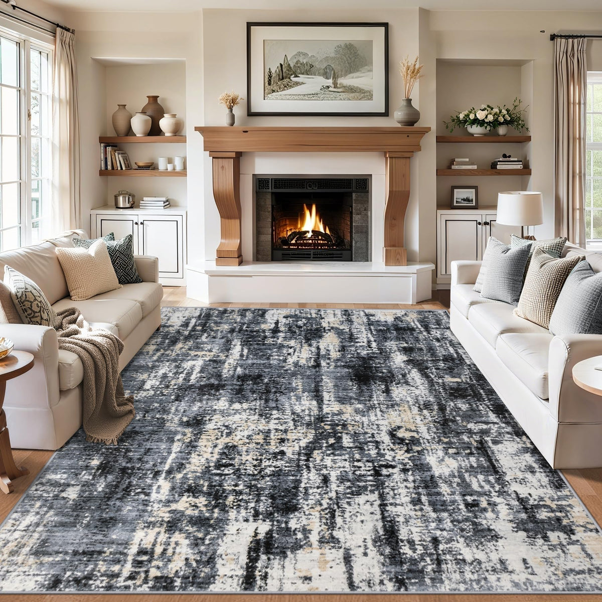 PLHXFR 6x9 Area Rug Living Room: Abstract Washable Carpet Brown Black