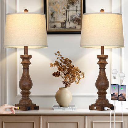 Cinkeda 29" Tall Table Lamp for Living Room Set of 2,Farmhouse Nightstand Bedside Lamps with USB C+A Ports & AC Outlet,3-Way Dimmable Touch Control Desk Lamp for Bedroom,Color 1