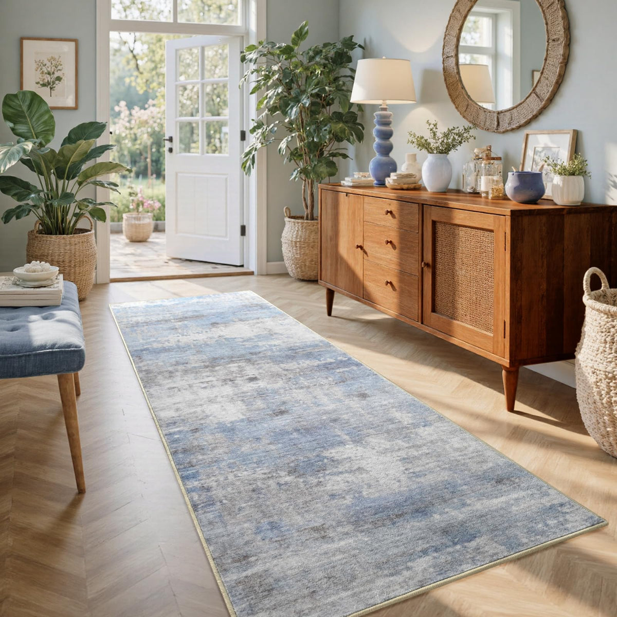 6x9 Ft Abstract Washable Area Rugs for Living Room Blue