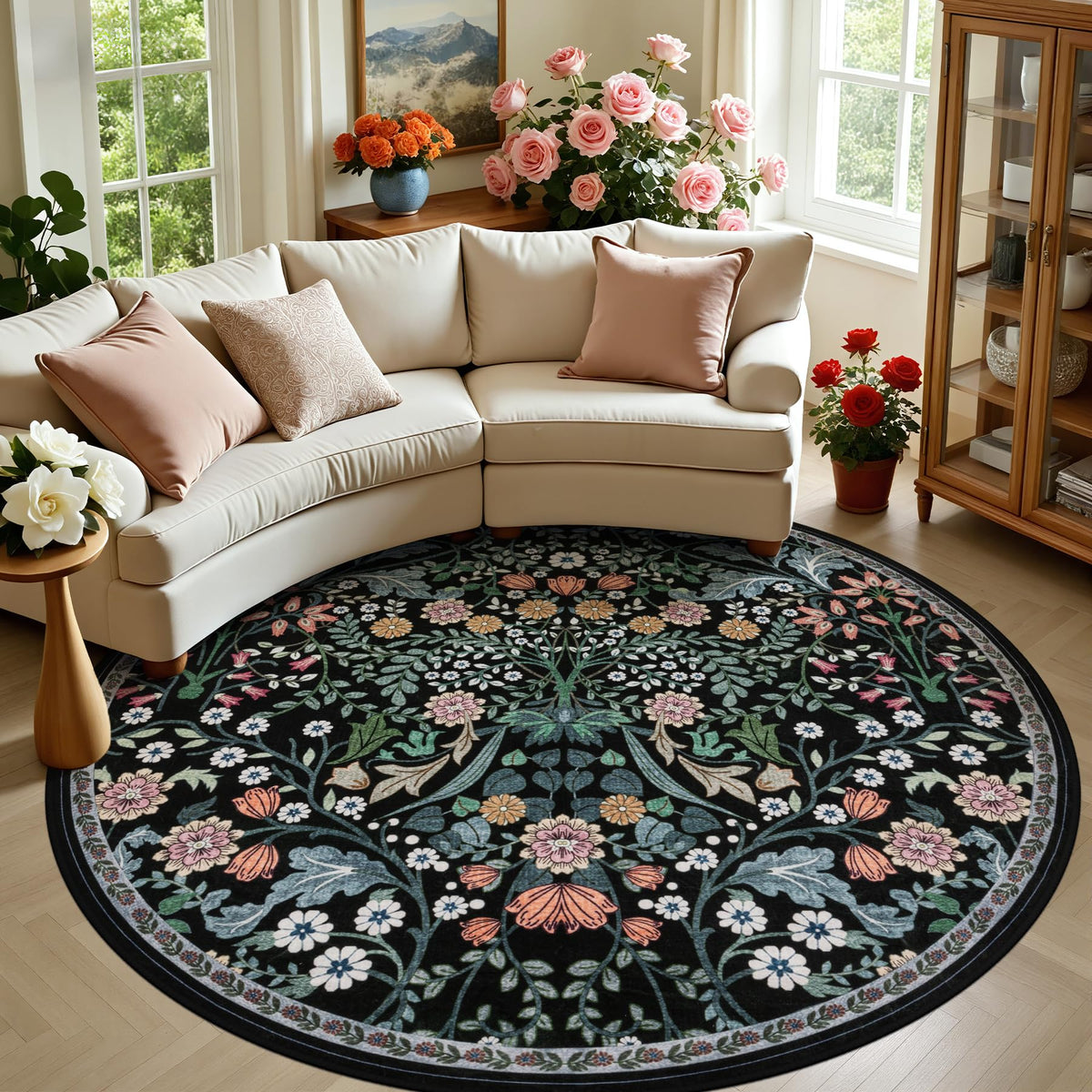PLHXFR Area Rug Living Room: 5x7 Floral Washable Boho Carpet Dark Green