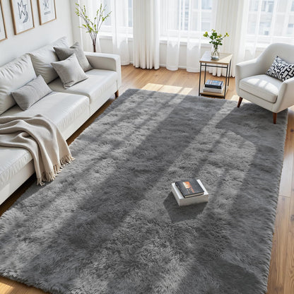 8x10 Fluffy Area Rug for Living Room: Non-Slip Grey Camel Bedroom Carpet