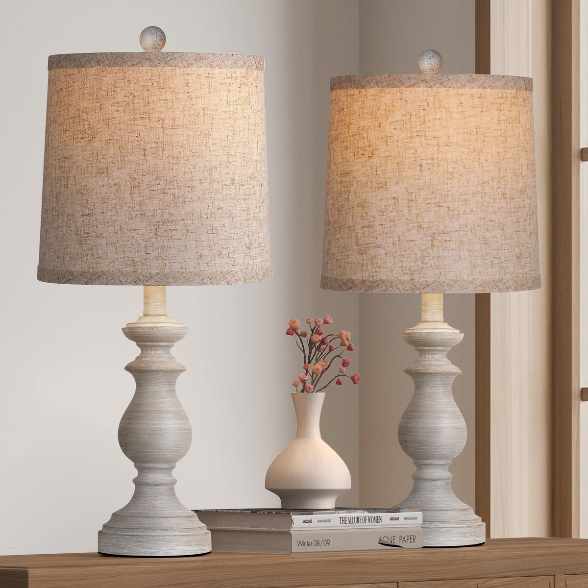 PARTPHONER Traditional Table Lamp Set of 2, Rustic Farmhouse Table Lamps for Living Room Bedroom, 22" Bedside Desk Lamps Vintage Nightstand Lamps with Linen Shades, Black