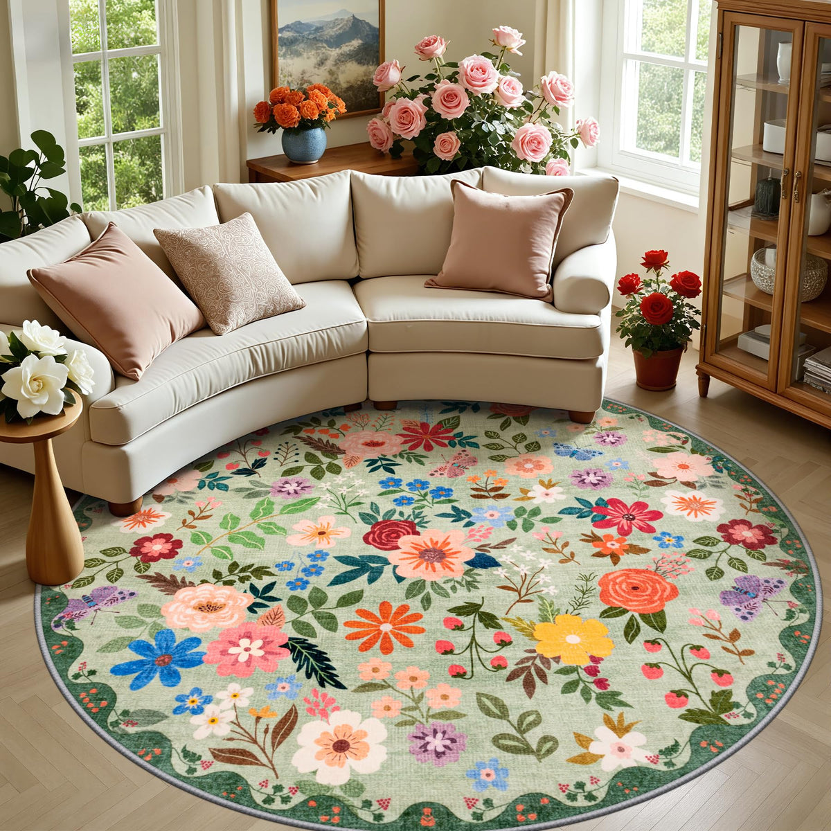 PLHXFR Area Rug Living Room: 5x7 Floral Washable Boho Carpet Dark Green