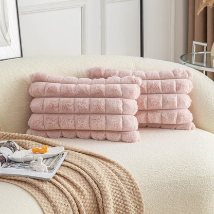 Neelvin Pink Faux Fur Cozy Soft Striped Decorative Throw Pillow Covers 18x18 inch Set of 2,Velvet Pillowcase Cushion Case for Sofa Couch