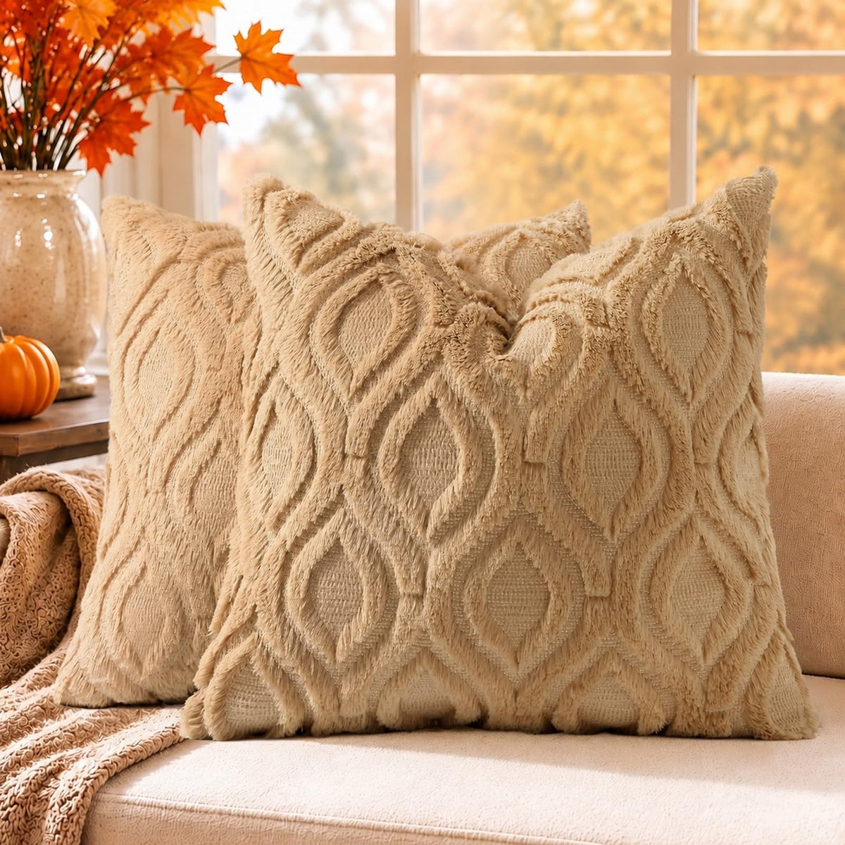 decorUhome Faux Fur Plush Soft Beige Throw Pillow Covers 18x18 Set of 2