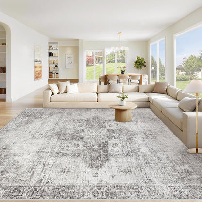 Area Rug 8x10 Washable Rug, Vintage Boho Medallion Rugs Non-Slip Soft Low Pile Large Distressed Rug Indoor Retro Carpet for Living Room Bedroom Dining Room Office Children's Room(Beige, 8'x10')