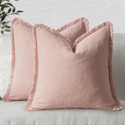 MIULEE Linen Fringe Decorative Throw Pillow Covers Natural Beige 20x20