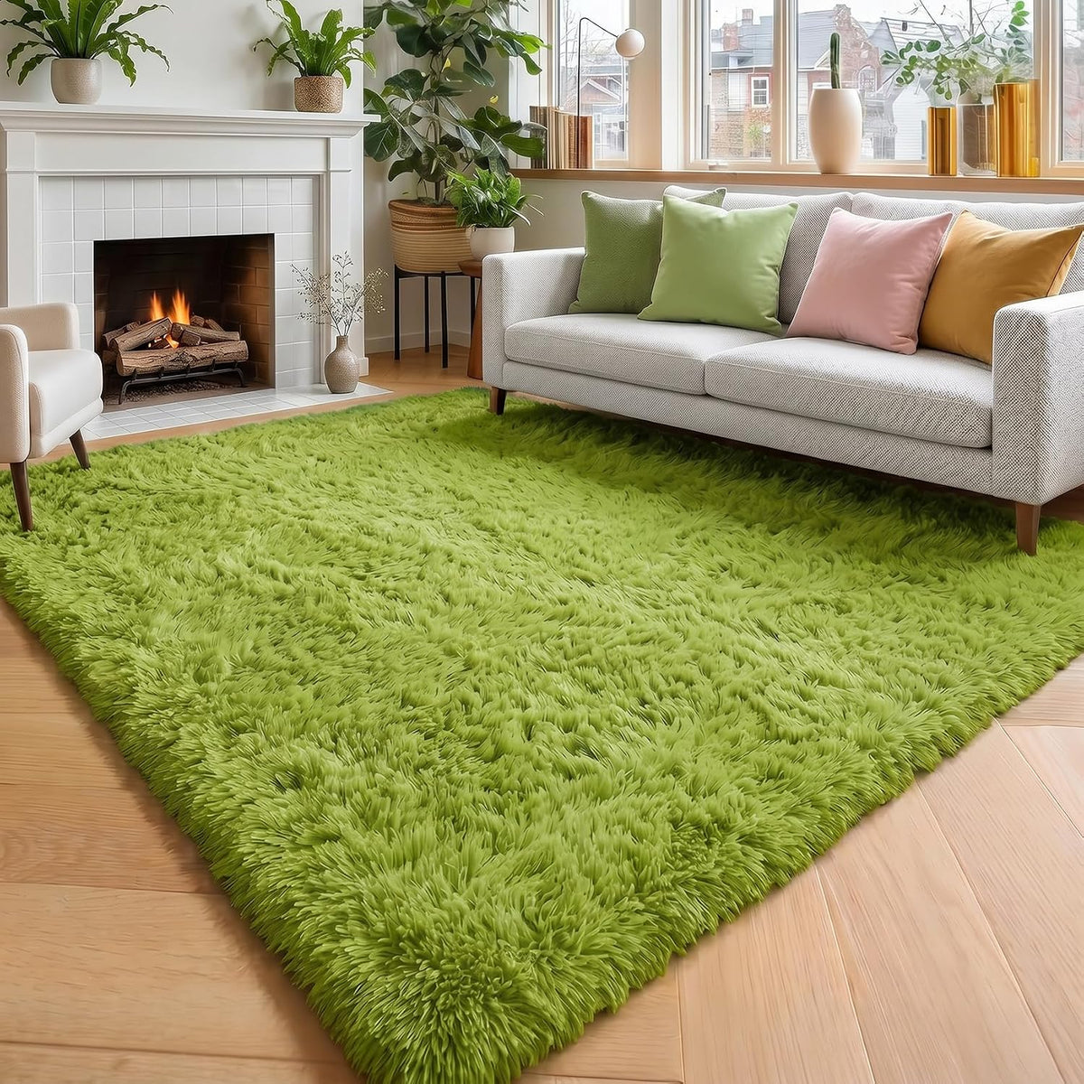 Amdrebio Grass Green Fluffy Area Rug 4x6 for Bedroom Classroom Living Room