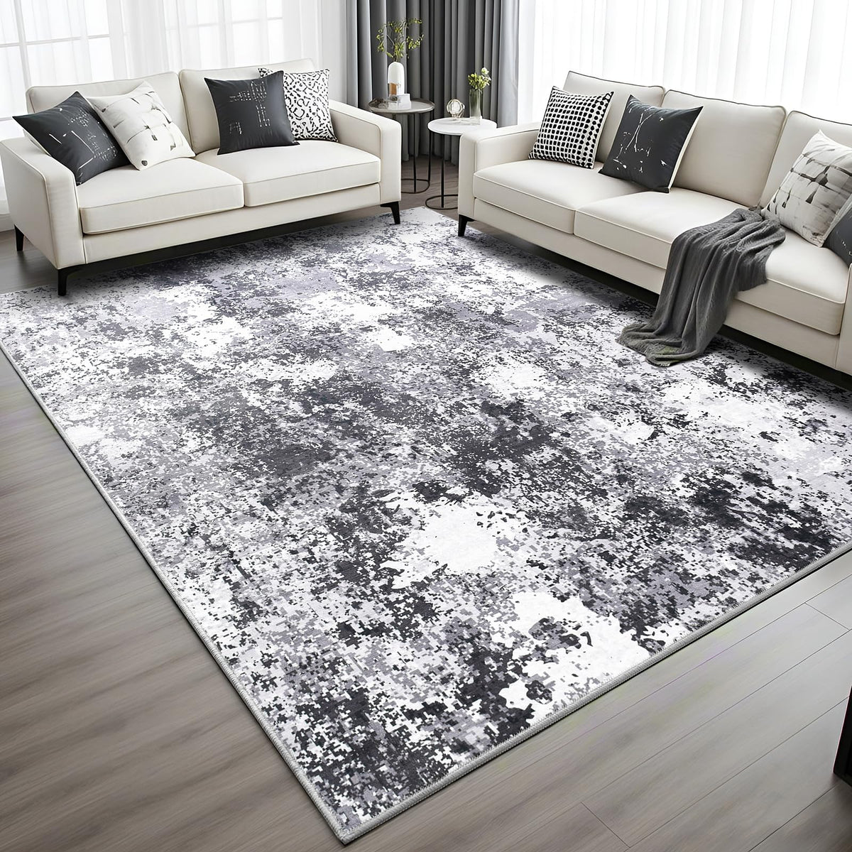 Modern Abstract 3x5 Rug, Non Slip Entryway Rug, Soft Machine Washable Rugs for Indoor Entry, Low Pile Stain Resistant Distressed Rug for Living Room, Bedroom, Dark Grey Blue