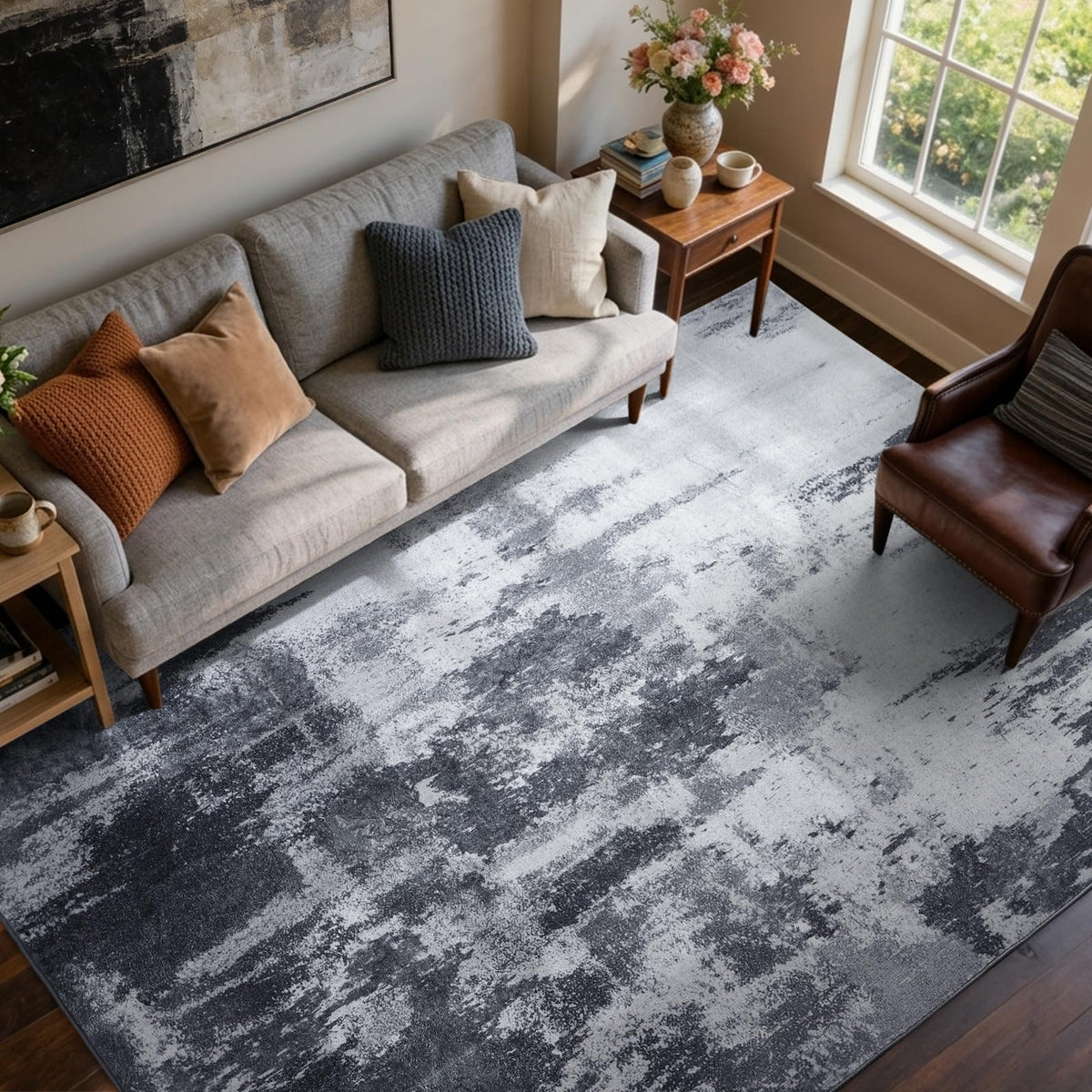 6x9 Ft Abstract Washable Area Rugs for Living Room Blue