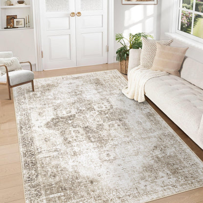 Area Rug 8x10 Washable Rug, Vintage Boho Medallion Rugs Non-Slip Soft Low Pile Large Distressed Rug Indoor Retro Carpet for Living Room Bedroom Dining Room Office Children's Room(Beige, 8'x10')