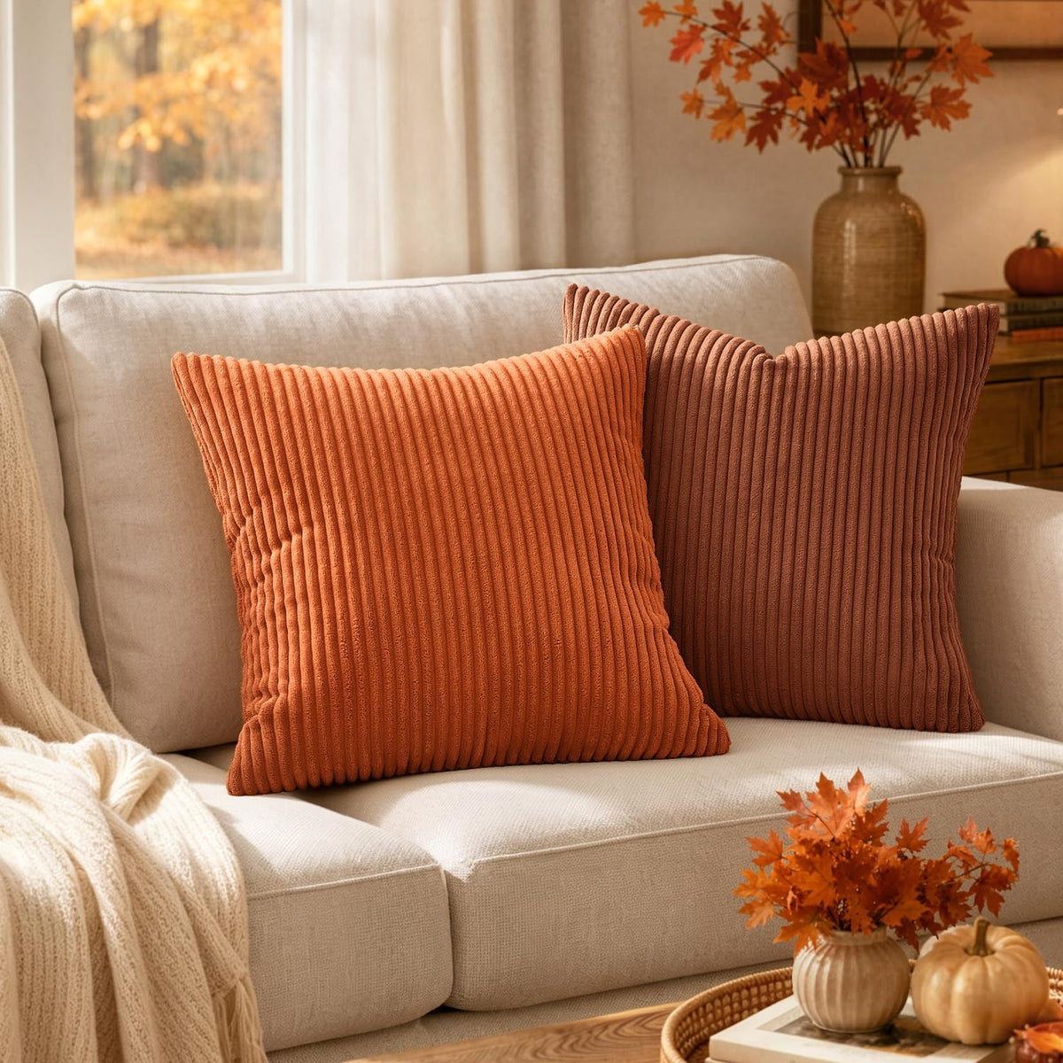 MIULEE Fall Decorative Corduroy Throw Pillow Covers Set of 2 18x18 Orange