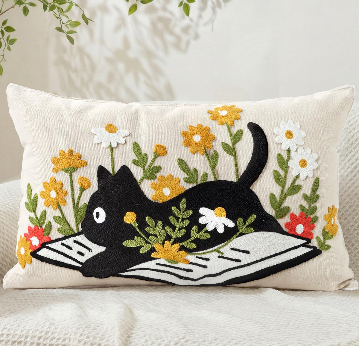 Animal Embroidered Throw Pillow Cover 18x18 Inch, Floral Birds