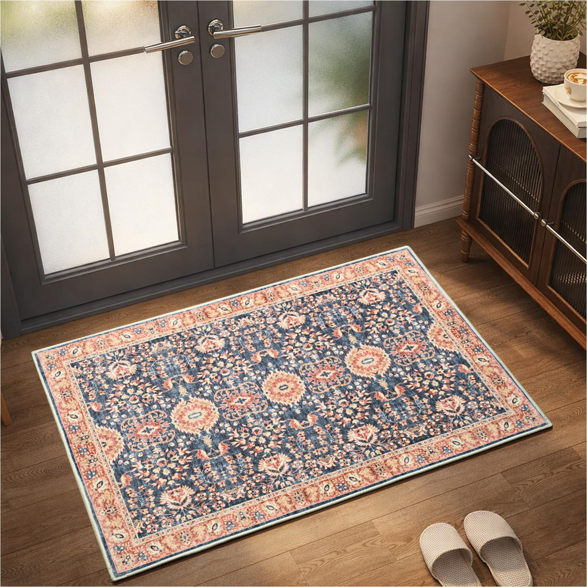 Goideal Washable Rug 4x6, Beige Area Rugs Non Slip, Indoor Low Pile Carpet with Rubber Backing for Living Room Kitchen Bathroom Entryway Office Bedroom