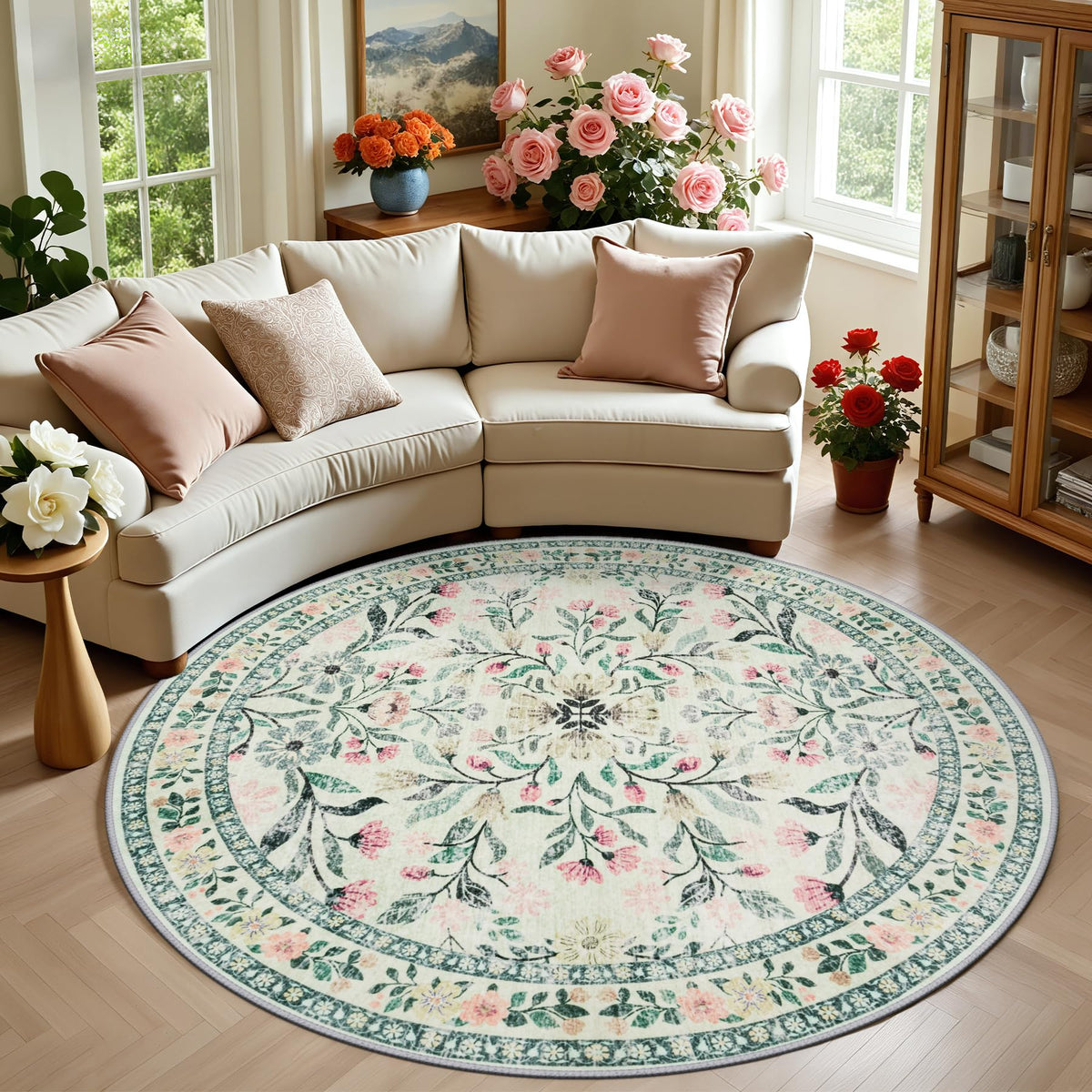 PLHXFR Area Rug Living Room: 5x7 Floral Washable Boho Carpet Dark Green
