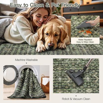 8x10 Area Rugs for Living Room Green Washable Non-Slip Large Carpet